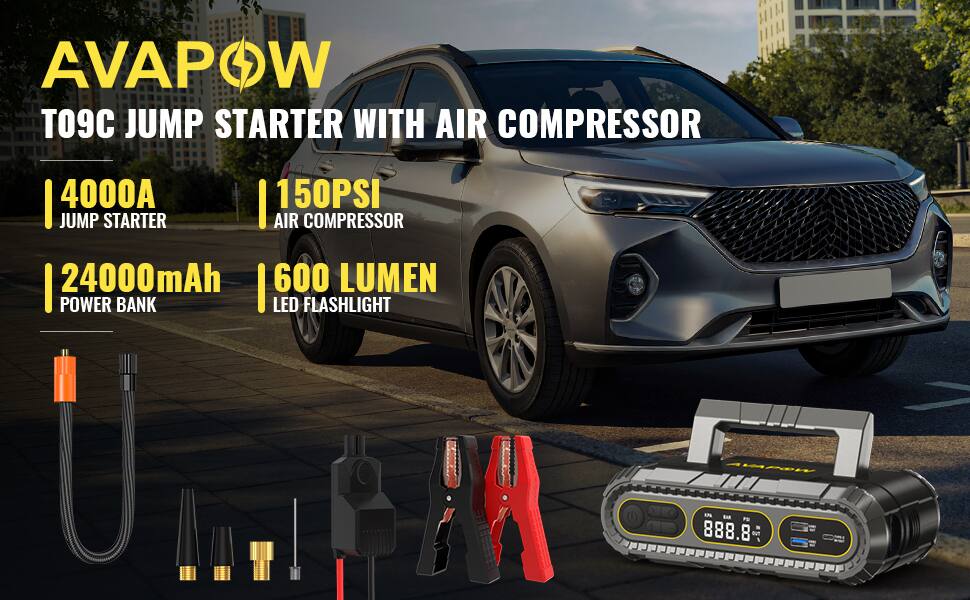AVAP OW TO9C JUMP STARTER WITH AIR COMPRESSOR 4000A | 150PSI JUMP STARTER AIR COMPRESSOR 24000mAh | 600 LUMEN POWER BANK LED FLASHLIGHT

AVAP OW
KPA BALL PSI 888.8
OZ