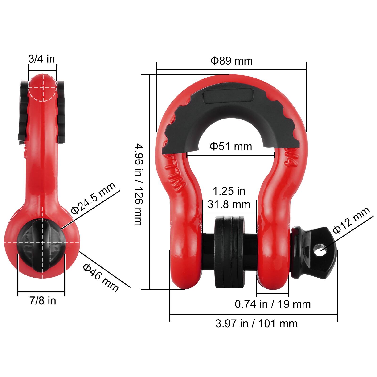 - 3/4 in
- 7/8 in
- 4.96 in / 126 mm
- 1.25 in / 31.8 mm
- 0.74 in / 19 mm
- 3.97 in / 101 mm
- 89 mm
- 51 mm
- 46 mm
- 24.5 mm
- 12 mm