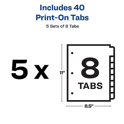Includes 40 Print-On Tabs  
5 Sets of 8 Tabs  
5 x 8 Tabs  
11" x 8.5"
