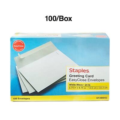 100/Box  
Staples Greeting Card EasyClose Envelopes  
White Wove - 24 lb  
5.75 in x 8.75 in (14.6 cm x 22.2 cm)  
100 Envelopes  
ST394063