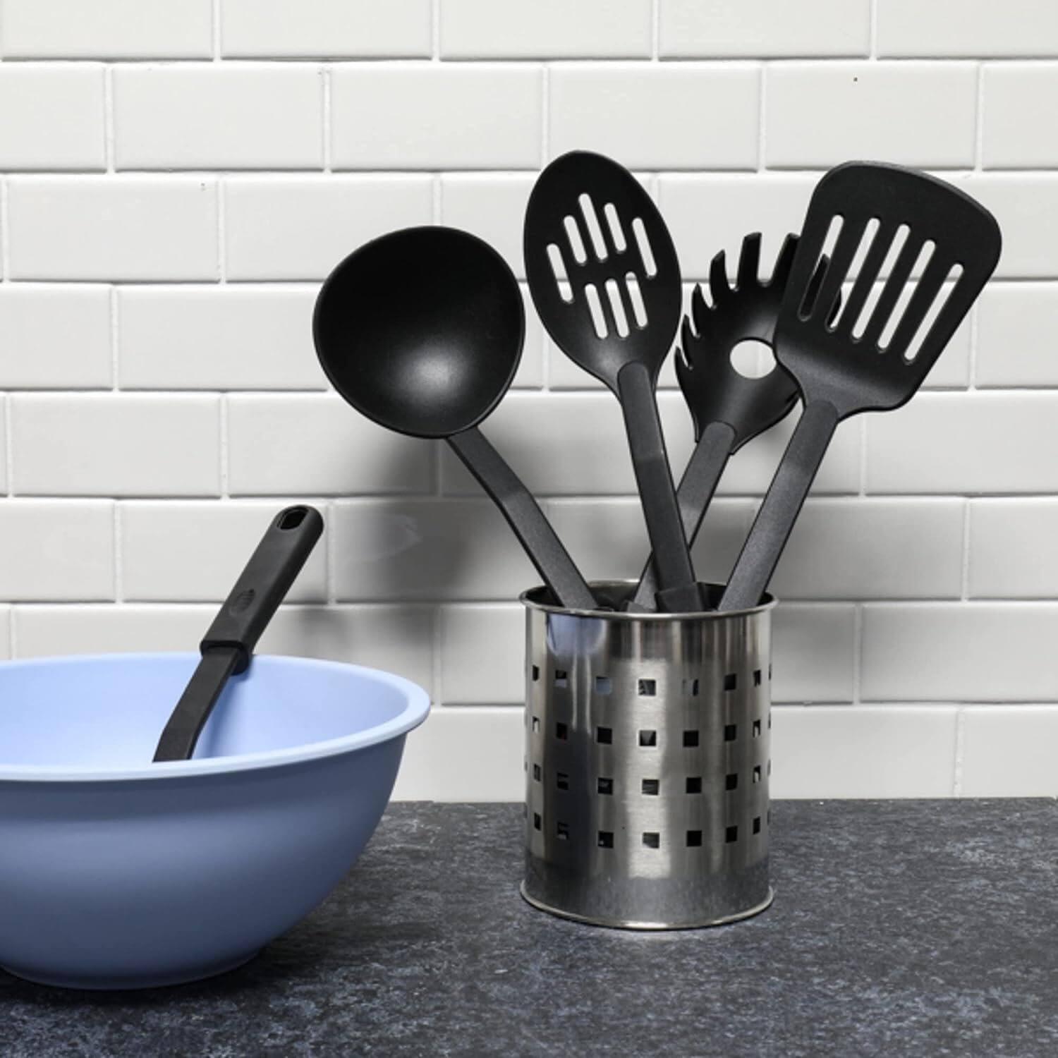 Angle. Chef Craft - 5pc Nylon Kitchen Cooking Tool Set - Slotted Turner, Slotted Spoon, Mixing Spoon, Ladle & Spaghetti Fork - Black.