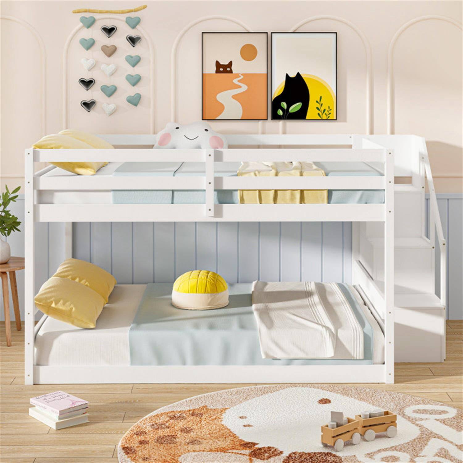 Back. Pefilos - Full Over Full Bunk Bed with Safety Rail and Storage Stairs, Space-saving Solid Wood Bed Frame - White.