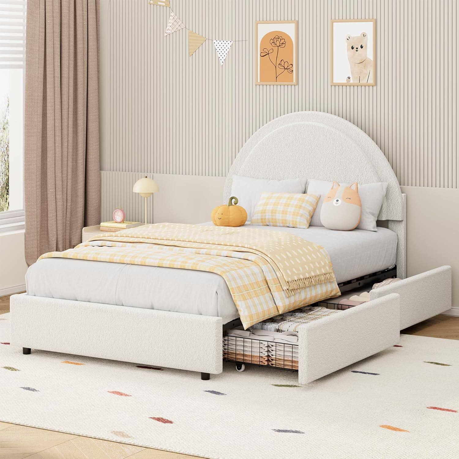 Left. GARVEE - Twin Bed Frame with Storage Drawers, Upholstered Boucle, White – Modern & Organized Storage Bed - White.