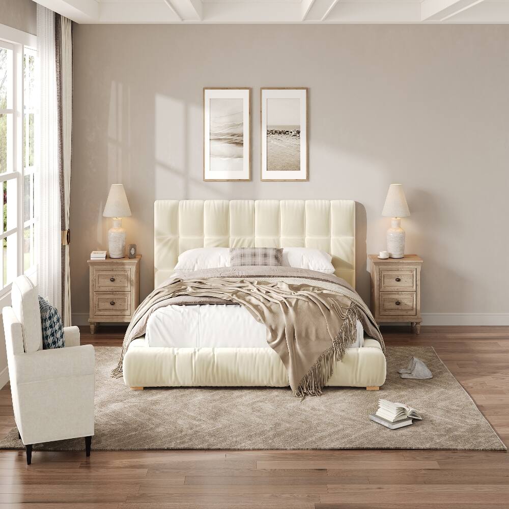 Alt View 1. Loheer - Loheer King Size Bed Frame Upholstered Platform Bed Velvet Beige Tufted Headboard Low Profile - Beige.