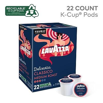 RECYCLABLE K-CUP® PODS  
22 COUNT  
KEURIG® COMPATIBLE  

LAVAZZA  
Dolcevita CLASSICO  
MEDIUM ROAST  

22 K-Cup® Pods  
LAVAZZA  
Dolcevita CLASSICO  
MEDIUM ROAST