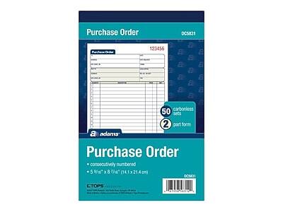 Purchase Order  
DCS831  

Purchase Order  
123456  

Purchase Order  
Consecutively numbered  
5 5/16 x 8 7/16 (14.1 x 21.4 cm)  

Adams  
50 carbonless sets  
2 part form  

CTOPS  
DCS831