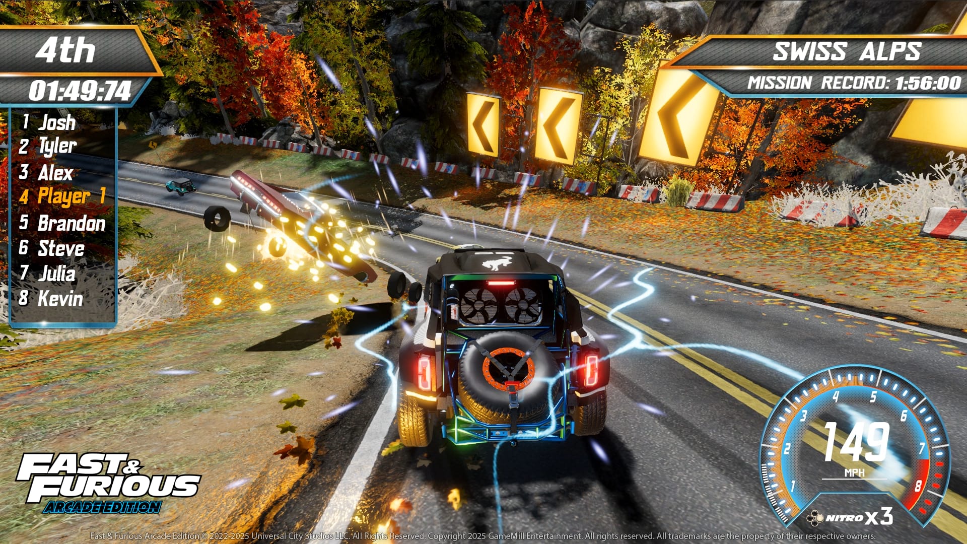 4th
01:49:74
1 Josh
2 Tyler
3 Alex
4 Player 1
5 Brandon
6 Steve
7 Julia
8 Kevin
SWISS ALPS
MISSION RECORD: 1:56:00
FAST & FURIOUS
ARCADE EDITION
HI NITRO x3
149 MPH
NITRO X3
FAST & FURIOUS Arcade Edition
© 2022-2025 Universal City Studios LLC. All Rights Reserved.
Copyright 2025 GameMill Entertainment. All rights reserved.
All trademarks are the property of their respective owners.