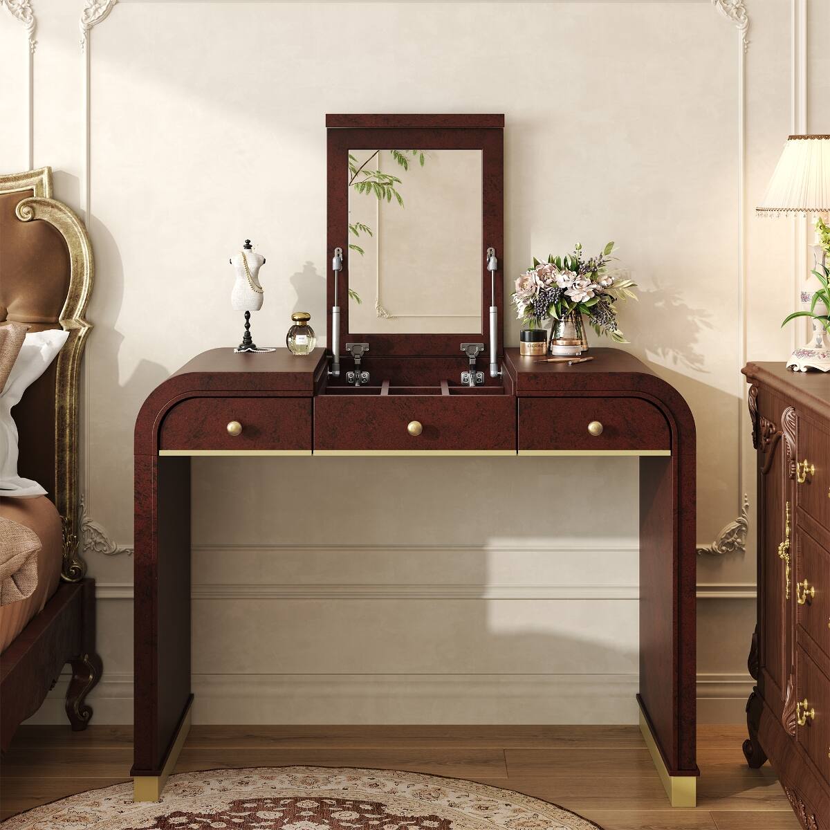 Angle. Loheer - Loheer Flip Top Vanity Desk, Espresso Vanity Table with Mirror and Hidden Storage - Espresso.