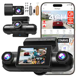 REDTIGER - 4 Channel 360° View Dash Cam, Dual STARVIS 2, 2.5K*2+1080P*2, 5.8GHz WiFi, 8 IR Lights Night Vision - Black