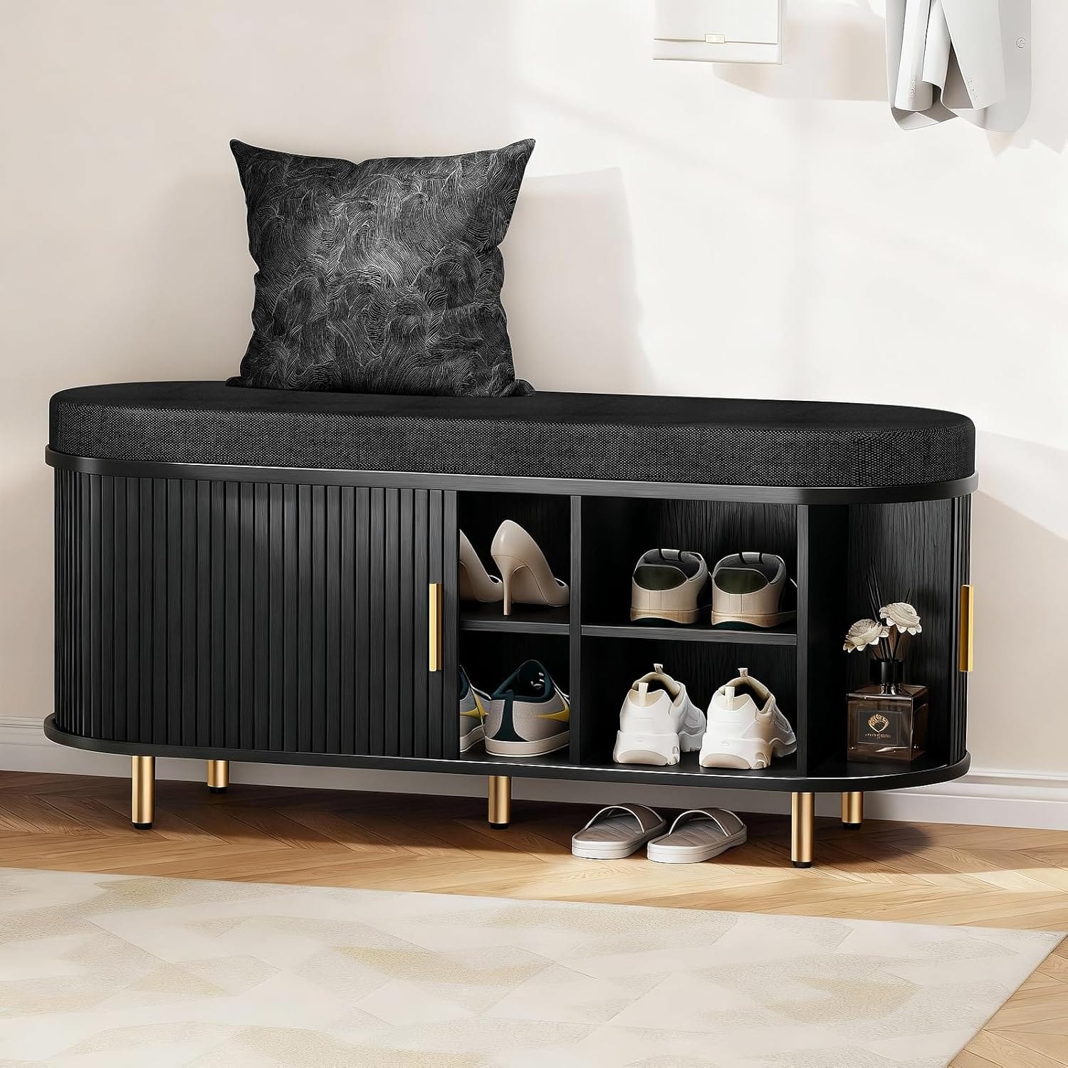 Tiramisubest - 2-Tier Storage Bench, 43.3"Shoe Bench with Thickened Padded Seat Cushion,Fluted Sliding Door and Adjustable Shelf - Black