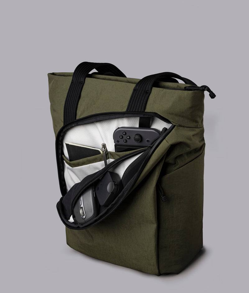 Alt View 2. ALPAKA - Flow Totepack Laptop Backpack for Men, 16" Laptop Compartment + 11" Tablet Sleeve, Tote/Backpack, Bottle Pocket - Green Axoflux 400D Washed Nylon.