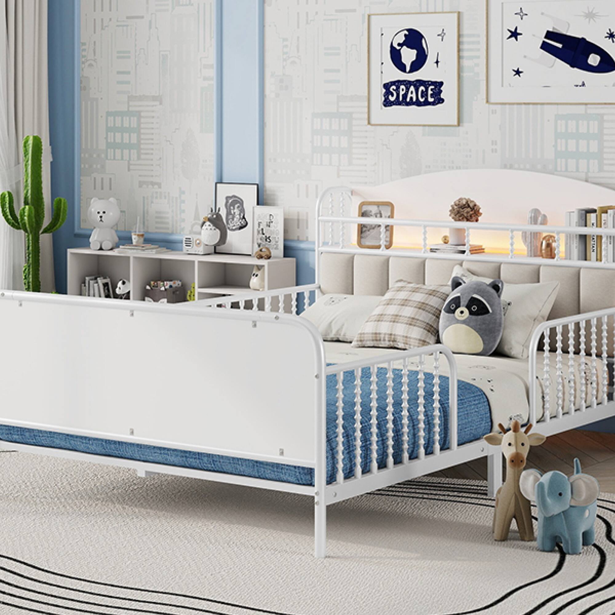 Alt View 9. GOODSILO - Full Size Metal Platform Bed Frame with LED Lighting and Upholstered Storage Headboard - White.