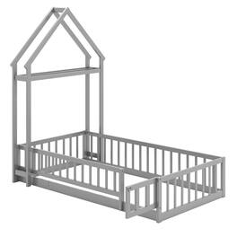 Costway - Twin Size House Floor Bed with House-shaped Headboard Clothes Hanger without Slats - Gray