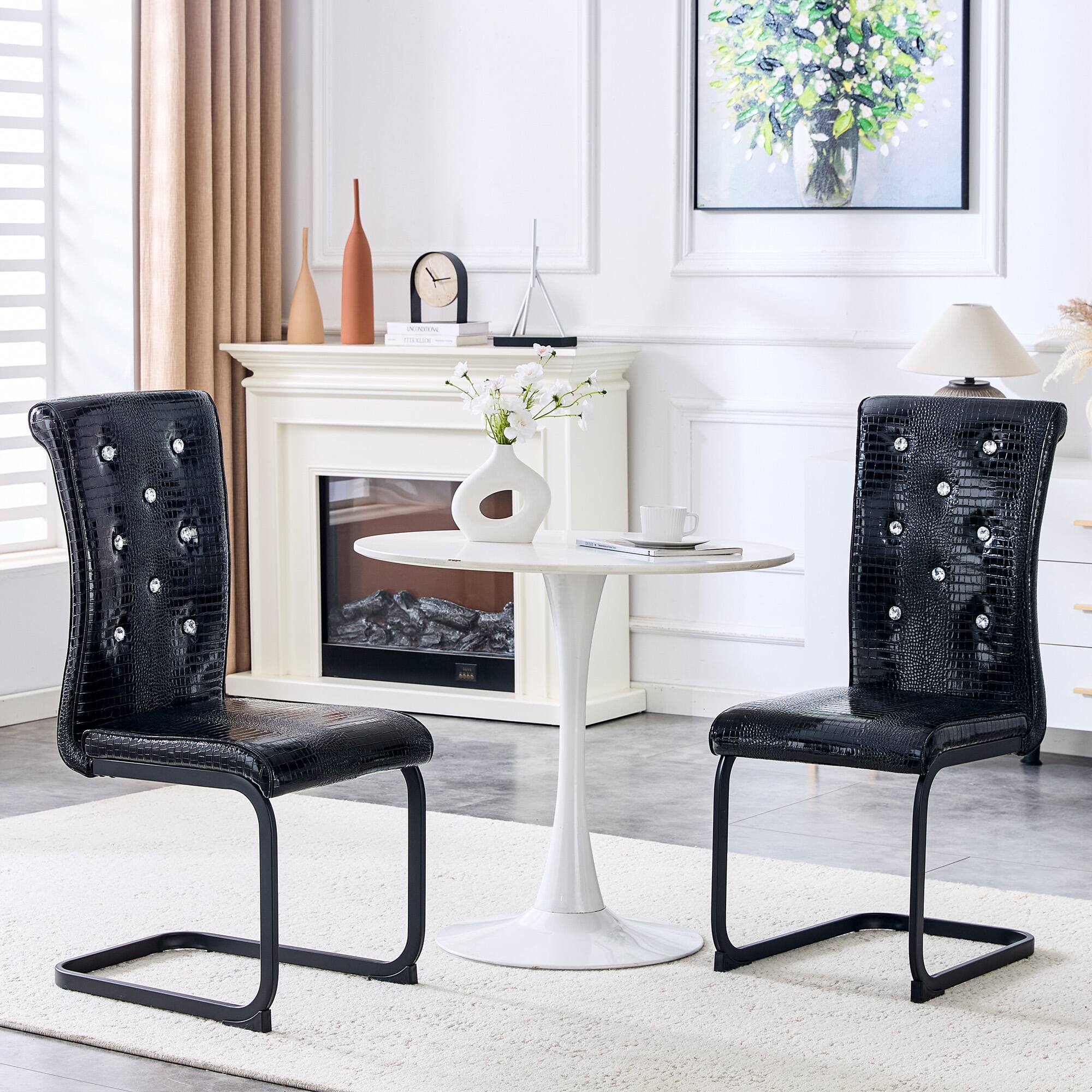 Left. Loheer - Retro Alligator Faux Leather Dining Chairs Set of 2 with Metal Bow Legs 1.37x1.87x3.30 ft - Black.