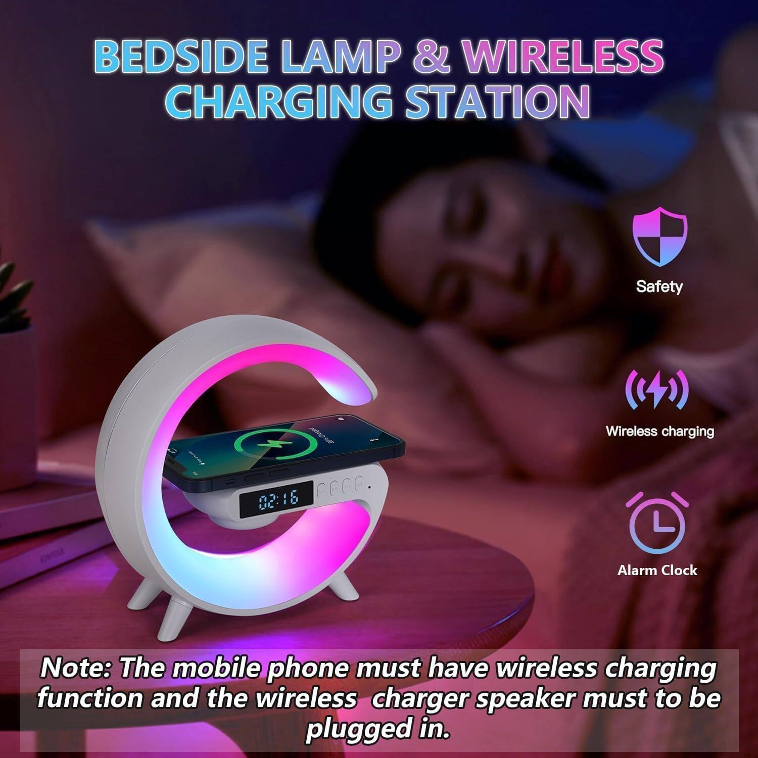BEDSIDE LAMP & WIRELESS CHARGING STATION

Safety
Wireless charging
Alarm Clock

Note: The mobile phone must have wireless charging function and the wireless charger speaker must be plugged in.