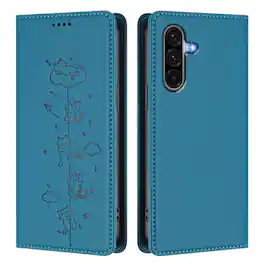 Dteck - for Samsung Galaxy A17 5G Slim Folio Case,Cute Cat Embossed PU Leather RFID Blocking Wallet Flip Card Holder Cover - Blue