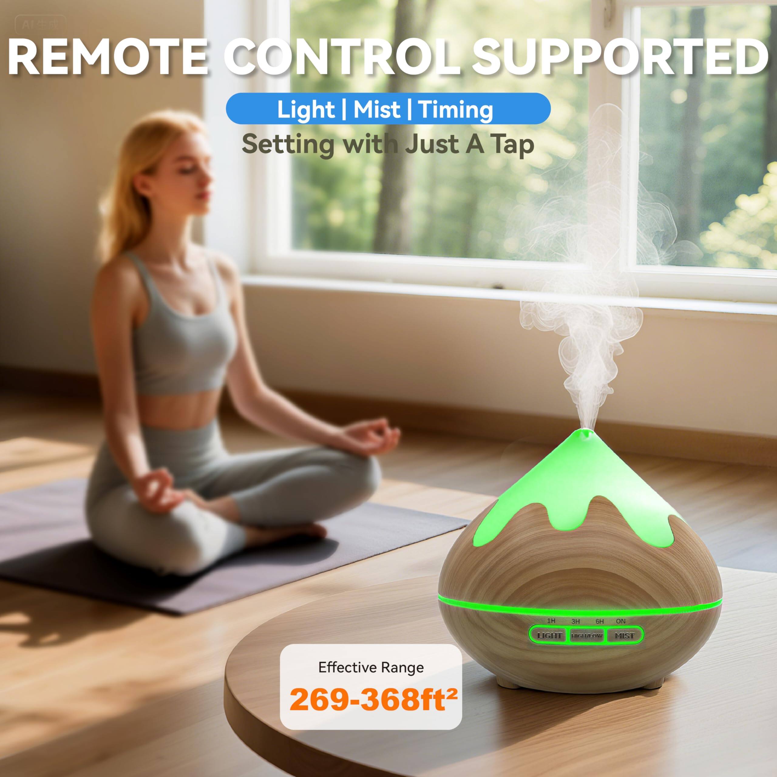 REMOTE CONTROL SUPPORTED  
Light | Mist | Timing  
Setting with Just A Tap  

Effective Range  
269-368ft²