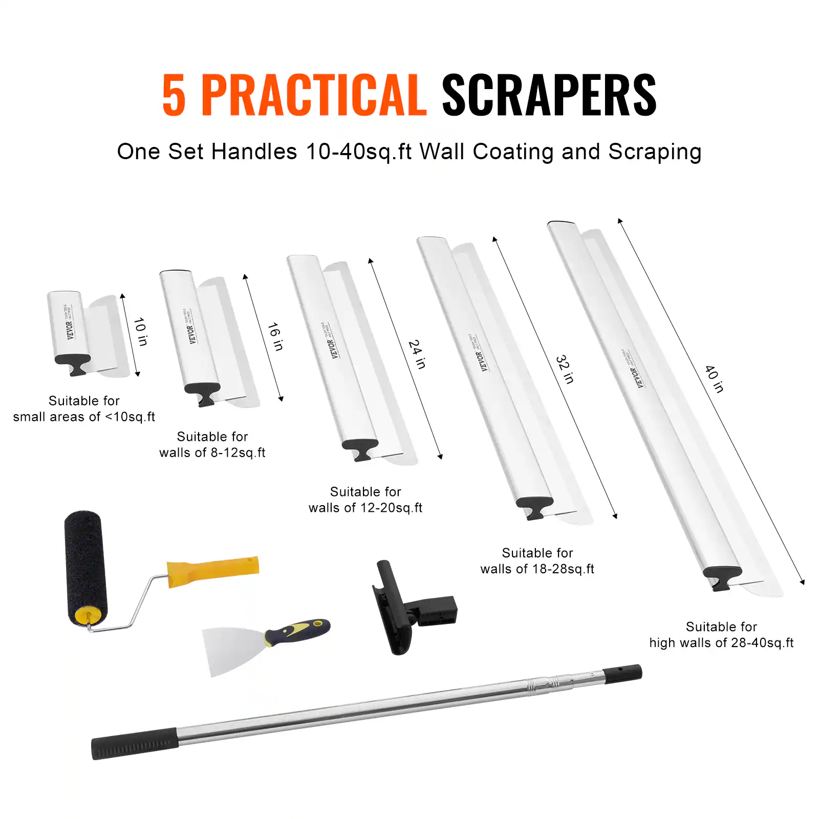 5 PRACTICAL SCRAPERS  
One Set Handles 10-40sq.ft Wall Coating and Scraping  

- 10 in: Suitable for small areas of <10sq.ft  
- 16 in: Suitable for walls of 8-12sq.ft  
- 24 in: Suitable for walls of 12-20sq.ft  
- 32 in: Suitable for walls of 18-28sq.ft  
- 40 in: Suitable for high walls of 28-40sq.ft