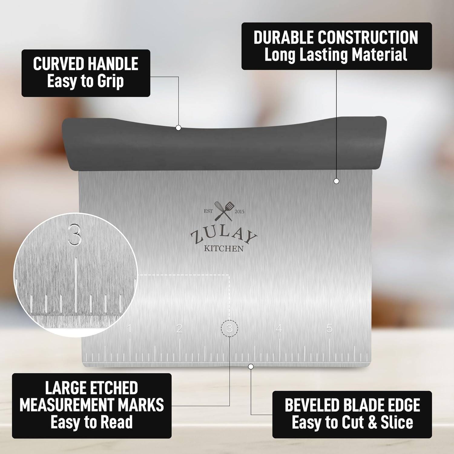 - CURVED HANDLE  
  Easy to Grip

- DURABLE CONSTRUCTION  
  Long Lasting Material

- LARGE ETCHED MEASUREMENT MARKS  
  Easy to Read

- BEVELED BLADE EDGE  
  Easy to Cut & Slice