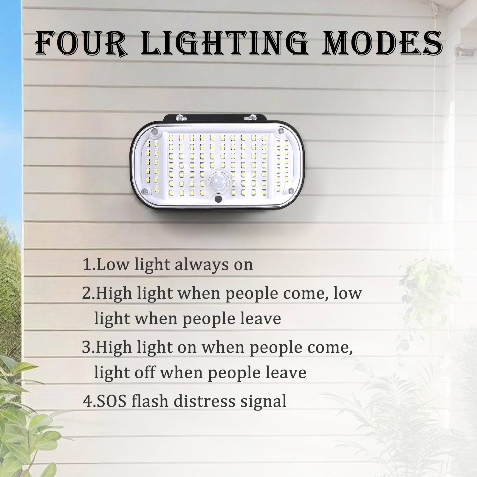 FOUR LIGHTING MODES

1. Low light always on
2. High light when people come, low light when people leave
3. High light on when people come, light off when people leave
4. SOS flash distress signal