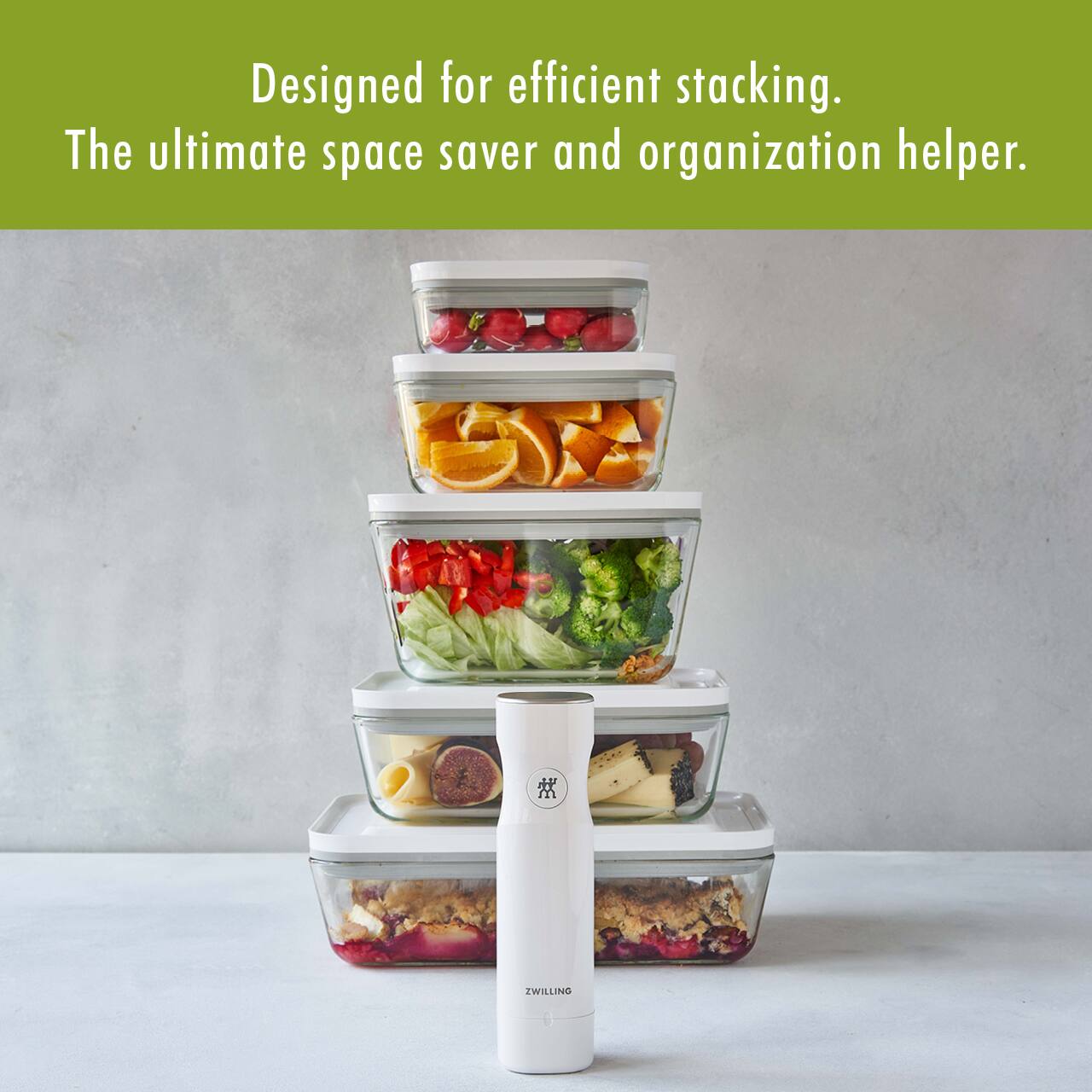 Designed for efficient stacking.  
The ultimate space saver and organization helper.