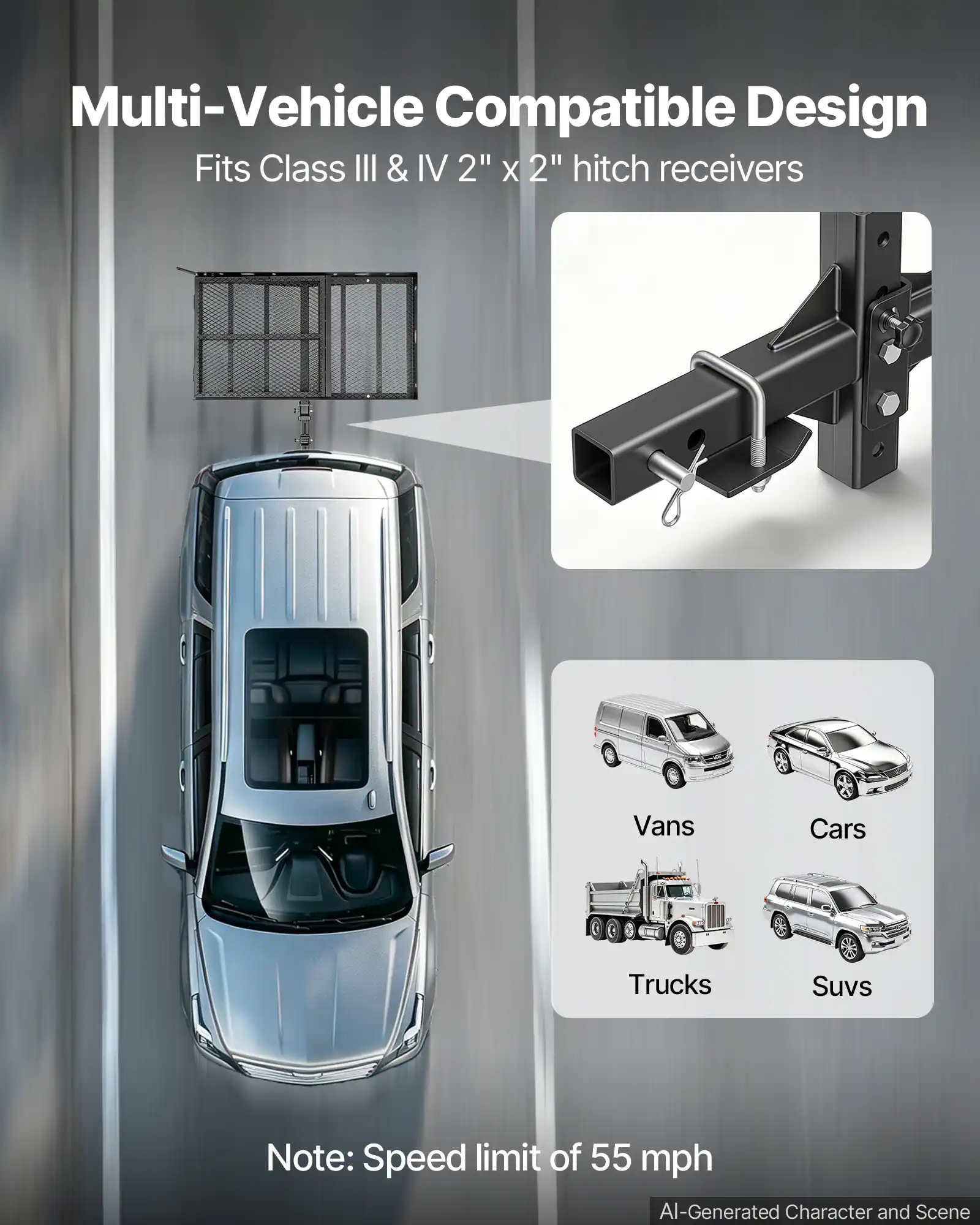 Multi-Vehicle Compatible Design  
Fits Class III & IV 2" x 2" hitch receivers  

Vans  
Cars  
Trucks  
SUVs  

Note: Speed limit of 55 mph  

AI-Generated Character and Scene