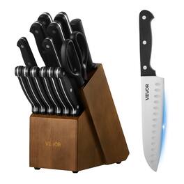 VEVOR - Kitchen Knife Set with Block and Sharpener, 15 Piece German High Carbon Stainless Steel Knife Set, Kitchen Cutlery - Walnut color