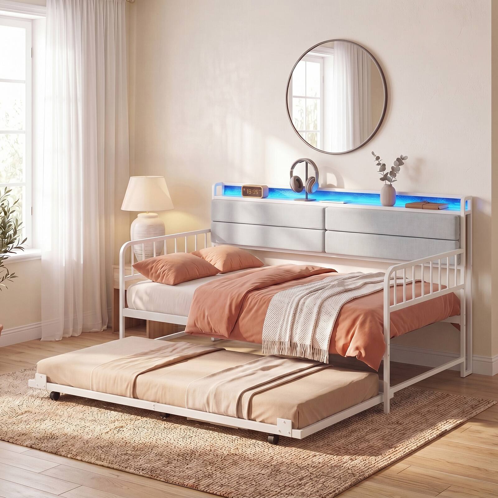 Alt View 1. Costway - Costway Daybed with Trundle LED Lights Charging Station Upholstered Storage Headboard - White.