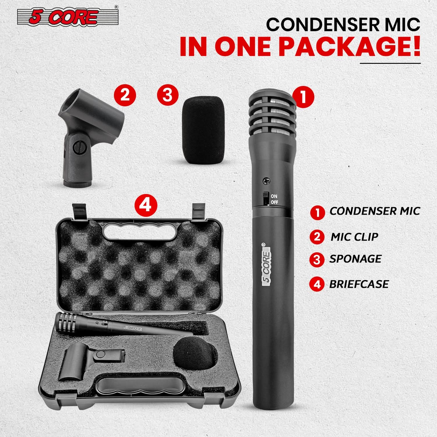5 CORE CONDENSER MIC IN ONE PACKAGE! 1 CONDENSER MIC 2 MIC CLIP 3 SPONAGE 4 BRIEFCASE