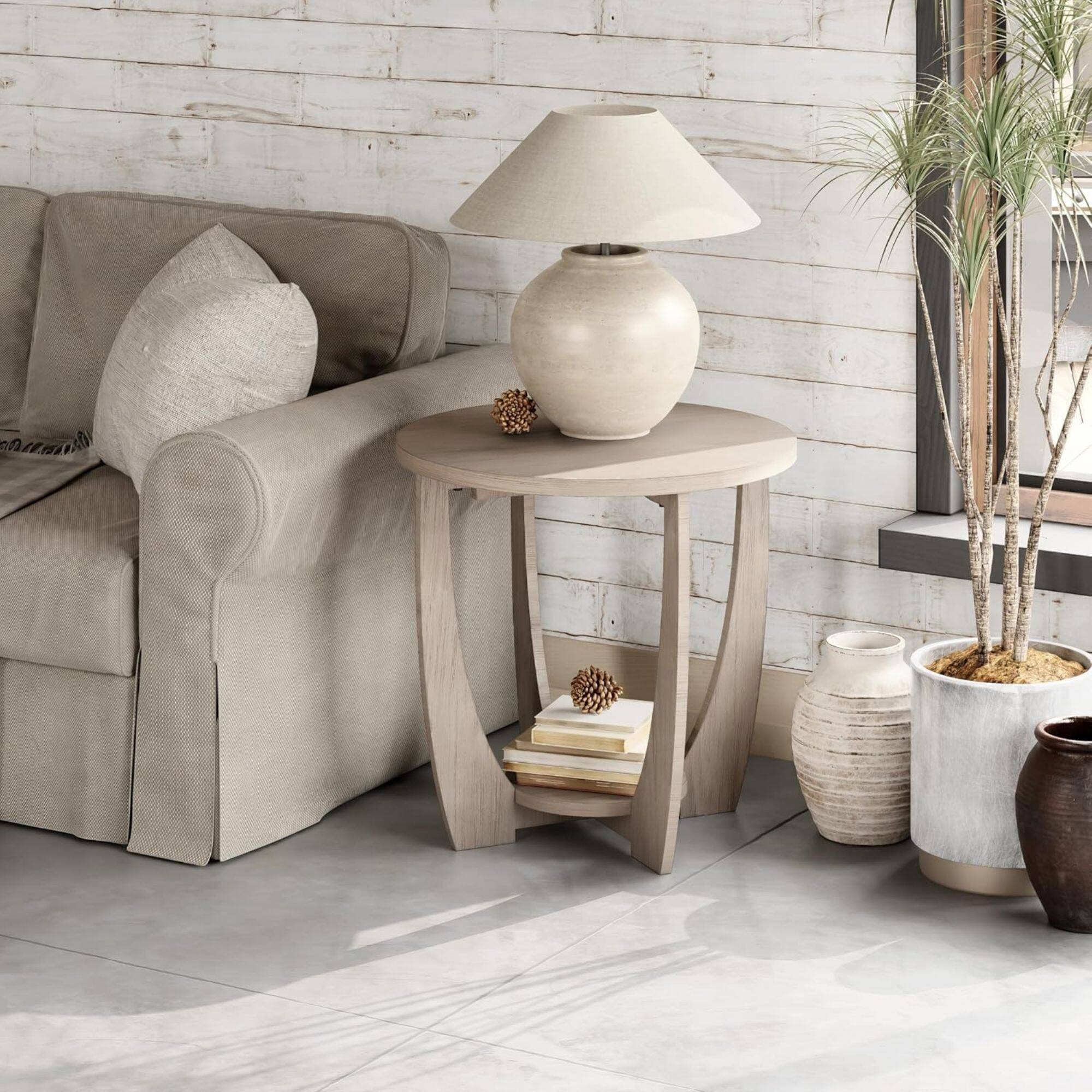 Alt View 4. COZAYH - COZAYH Rustic Farmhouse Round End Table with Storage Shelf for Living Room, Grey - Vintage Grey.