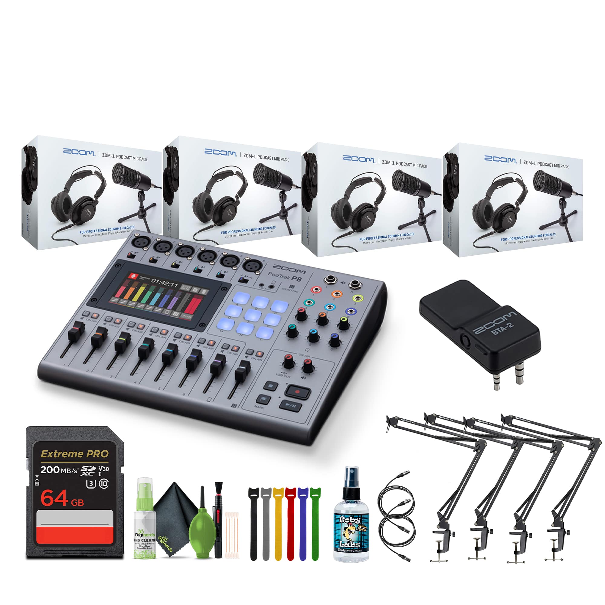PodTrak P8 Podcast Recorder, BTA-2 Adapter, Pack of 4 Zoom ZDM-1 Mic Pack