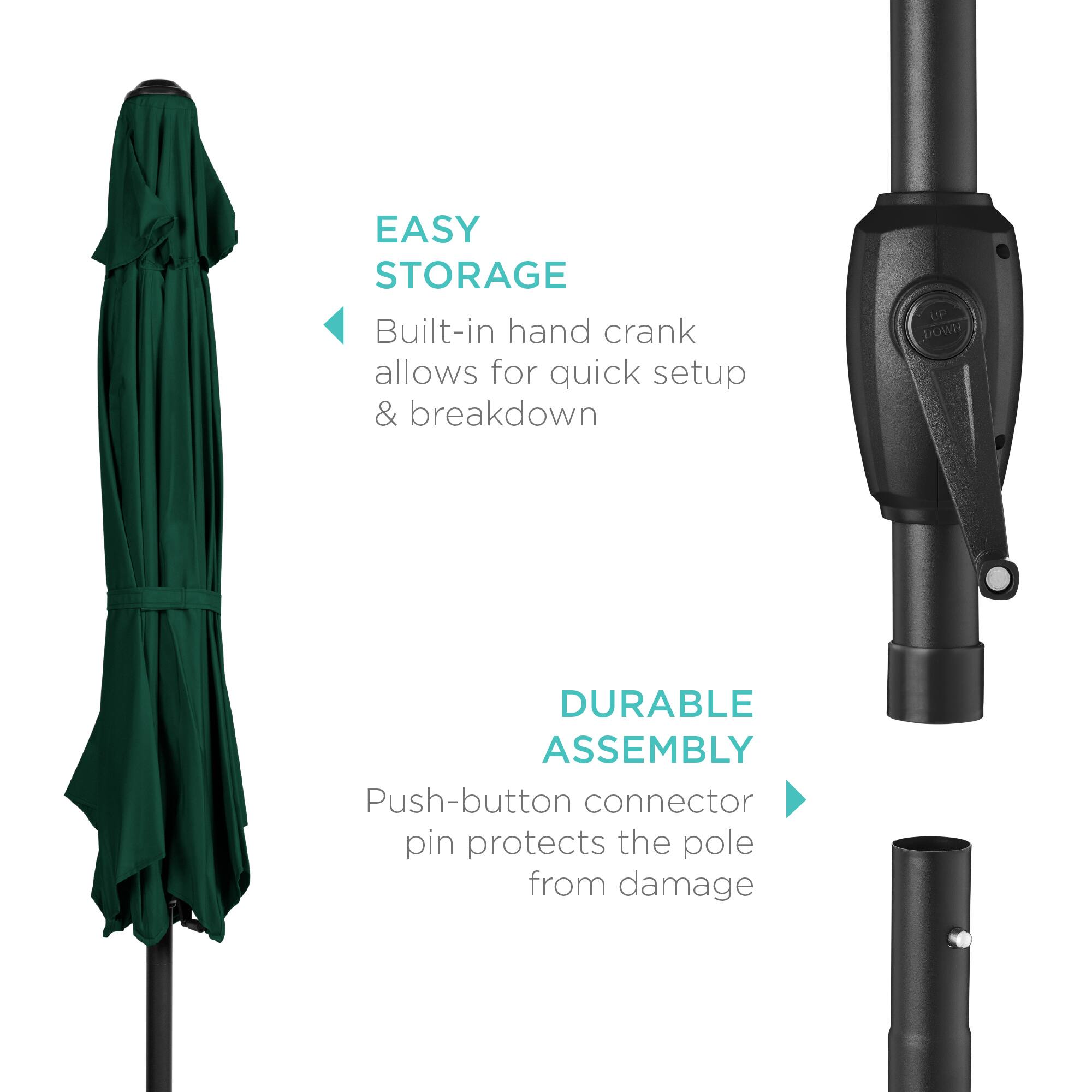 EASY STORAGE  
Built-in hand crank allows for quick setup & breakdown  

DURABLE ASSEMBLY  
Push-button connector pin protects the pole from damage