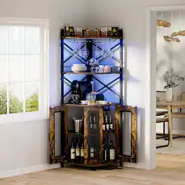Aheaplus - Industrial 5-Tiers Corner Bar/Wine/Liquor Cabinet with Power Outlet, LED Strip & Glass Holder for Home Small Space - Rustic Brown
