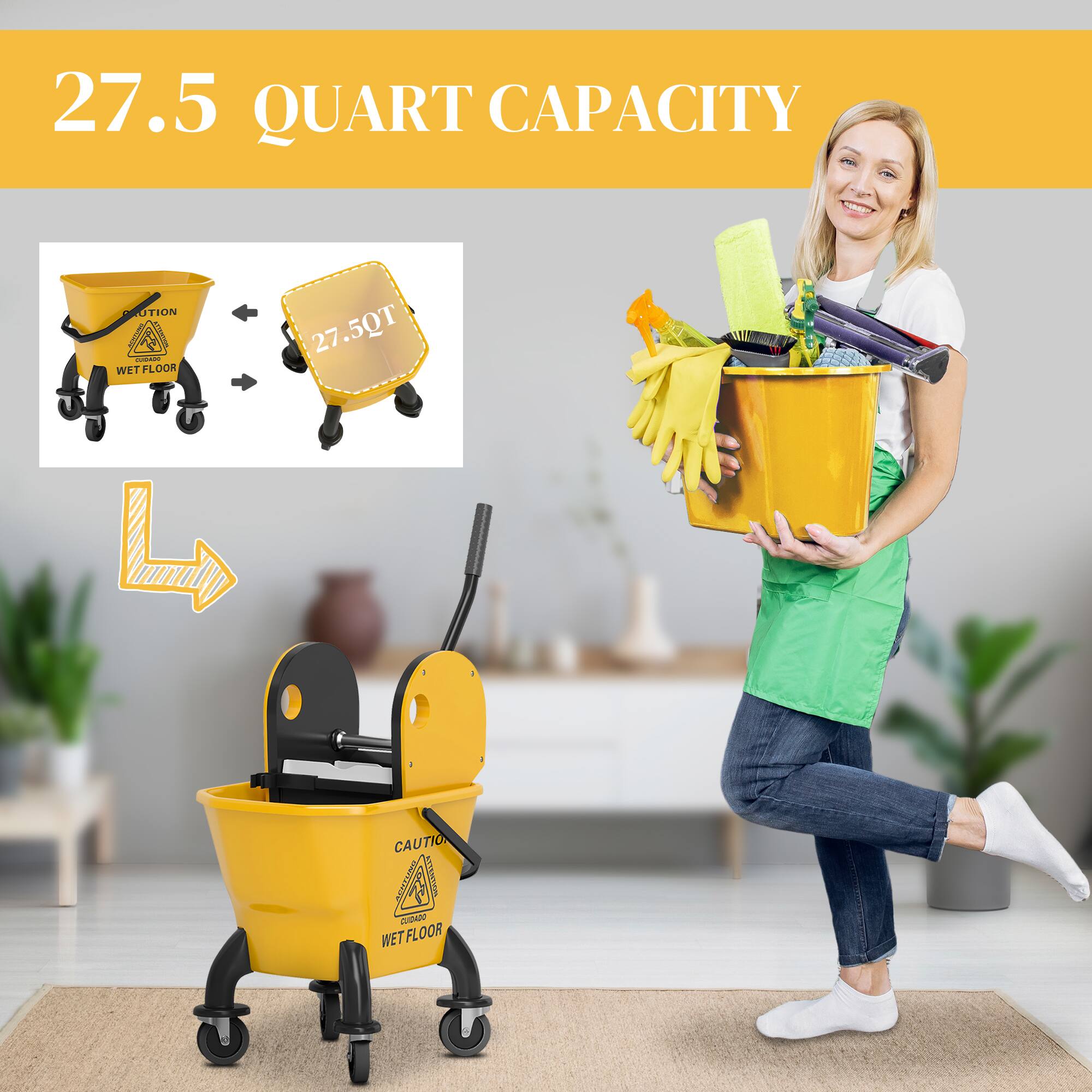 27.5 QUART CAPACITY, WET FLOOR, 27.5 QT, CAUTION, WET FLOOR