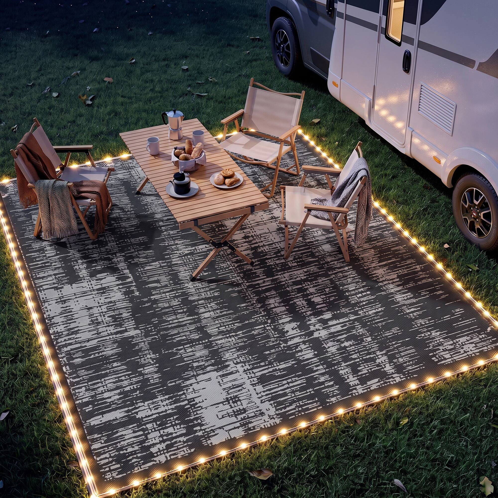 Alt View 1. Outsunny - Outdoor Rug Carpet with LED Lights, Carry Bag & Ground Stakes for Backyard, Deck, Picnic, Beach - Dark Gray.