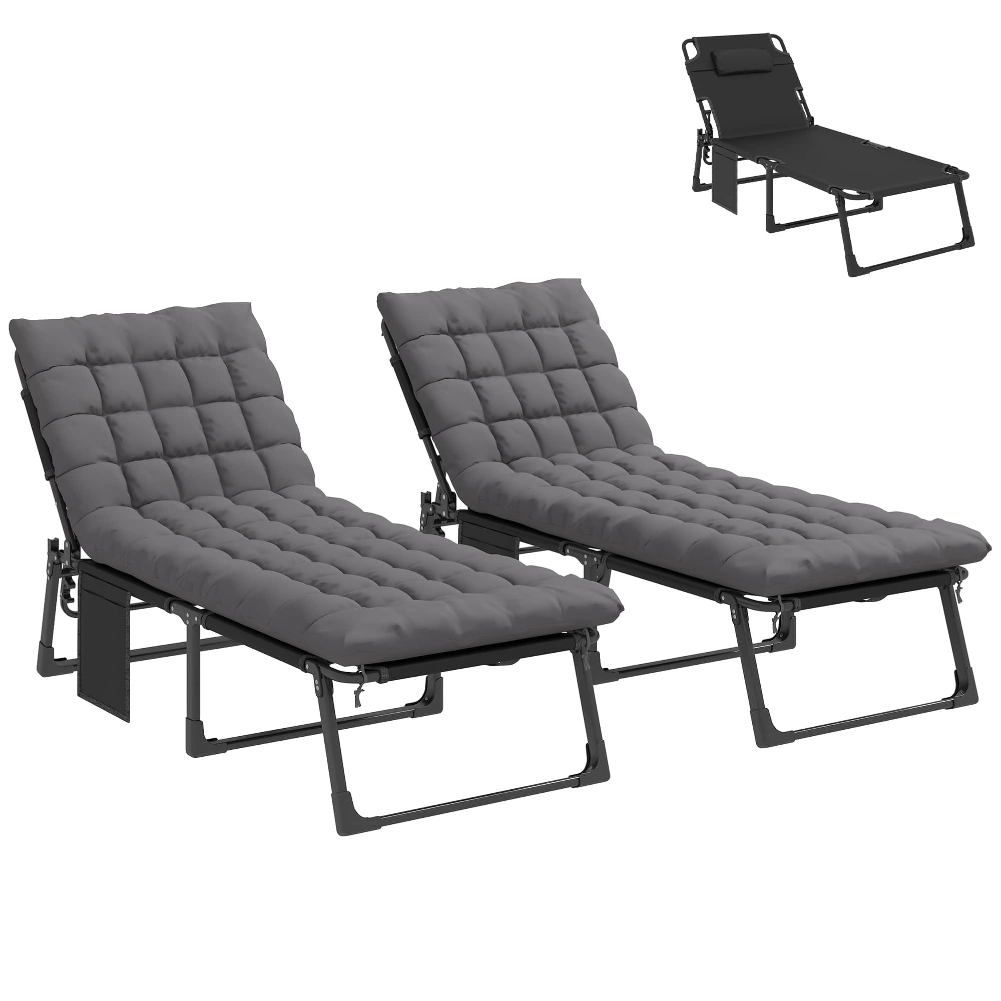 Outsunny - Chaise Lounge Chair Outdoor Tanning Chair Set of 2 with 5-Position Backrest, Cushions, Side Pocket - Dark Gray