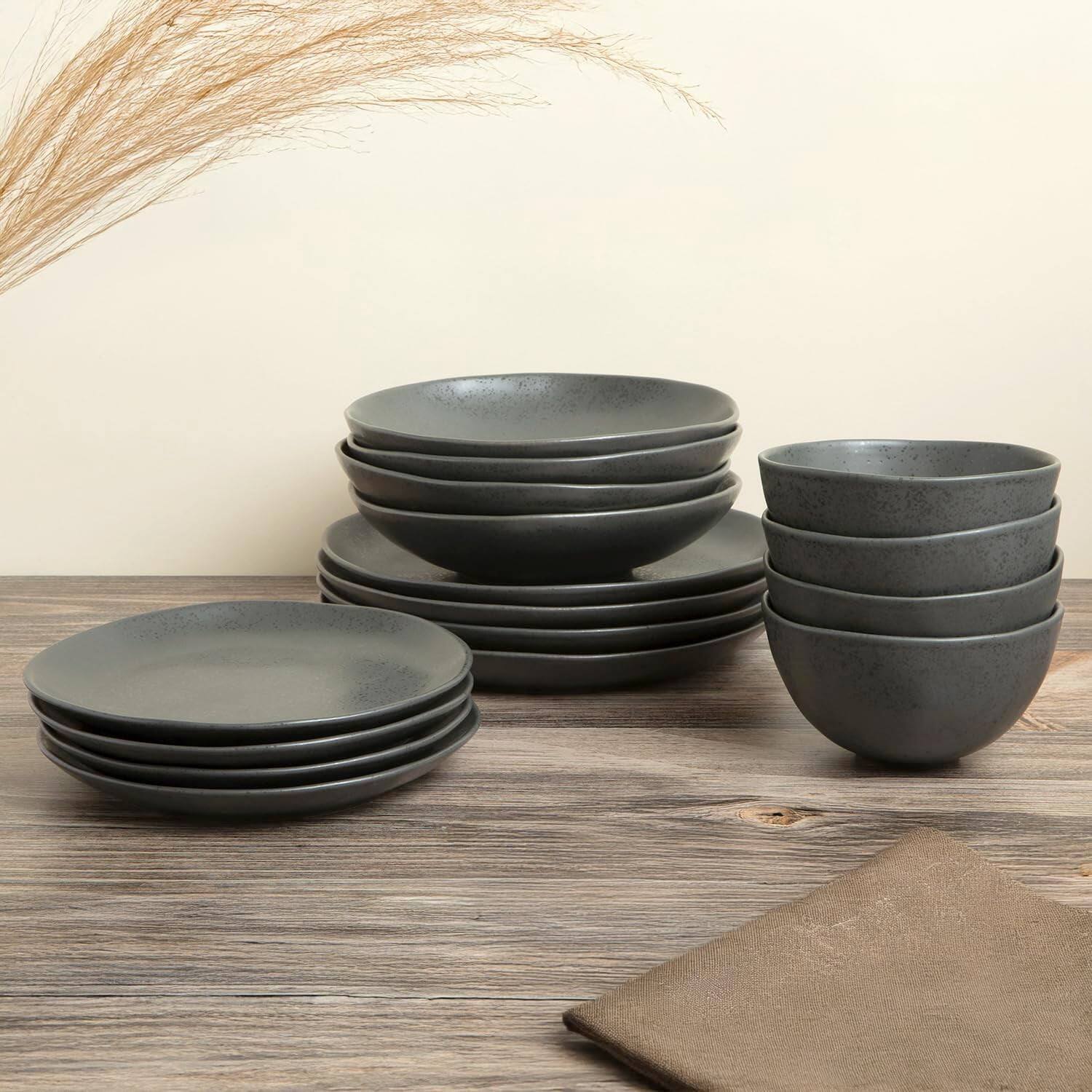 Alt View 2. Larder & Vine - 16-Piece Urban Dinnerware Set for 4, Ceramic Stoneware Made in Portugal - Charcoal Gray.
