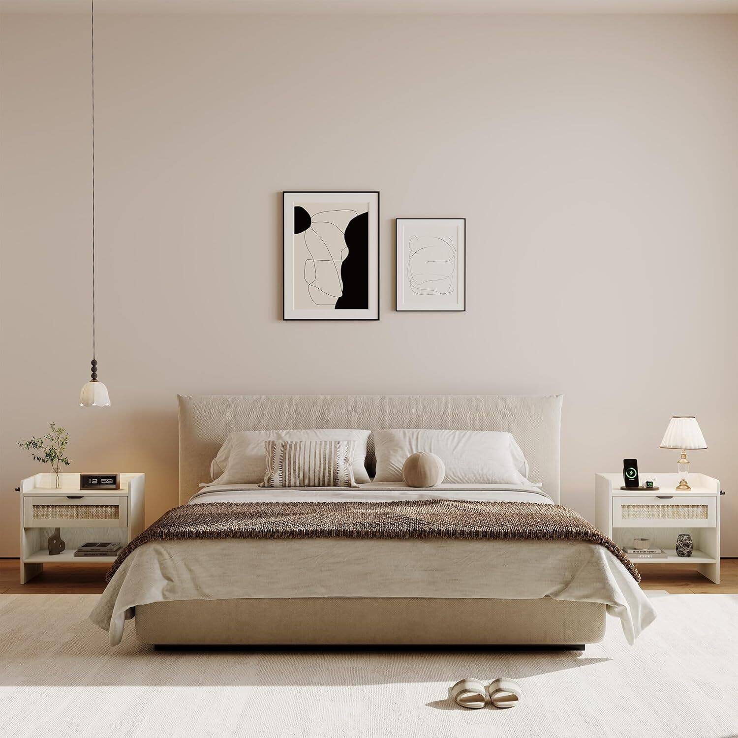 Alt View 1. GARVEE - Rattan Nightstand, Bedside Table with Type-C Charging Station - 1 Storage Drawer & Open Storage Space, White 1pcs - White.