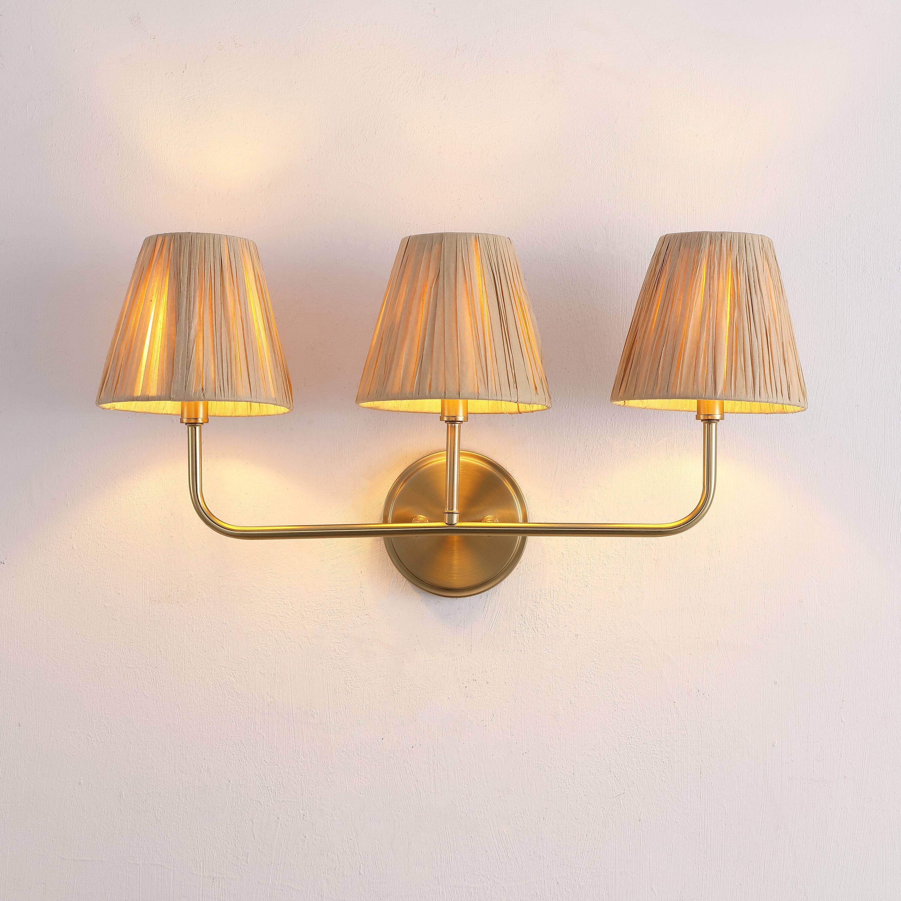 Alt View 1. Jonathan Y - Malaya 22.75" 3-Light Bohemian Coastal Metal Pleated Paper Shade LED Vanity Light, Beige/Brass Gold - Brass Gold/Beige.