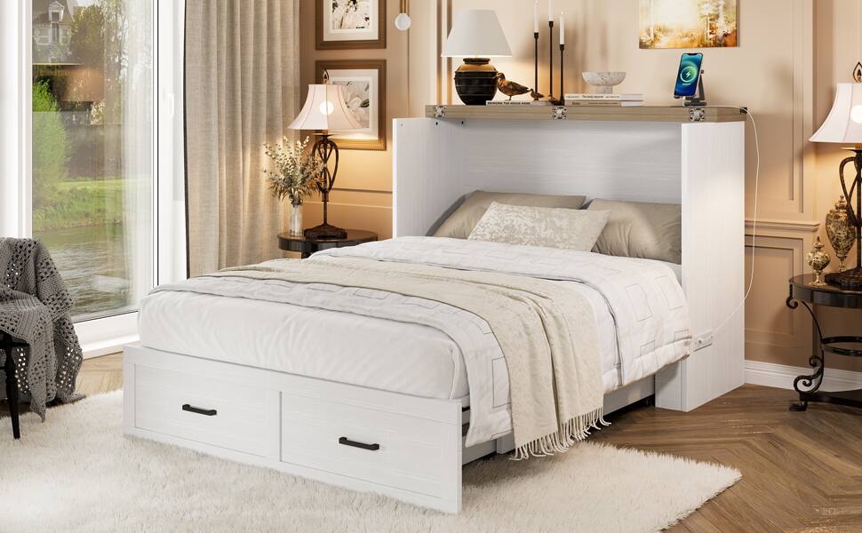 Alt View 8. Tiramisubest - Murphy Bed Cabinet Full Size with Charging Station, Multi-Functional Foldable Platform Bed with 1 Storage Drawer - White.