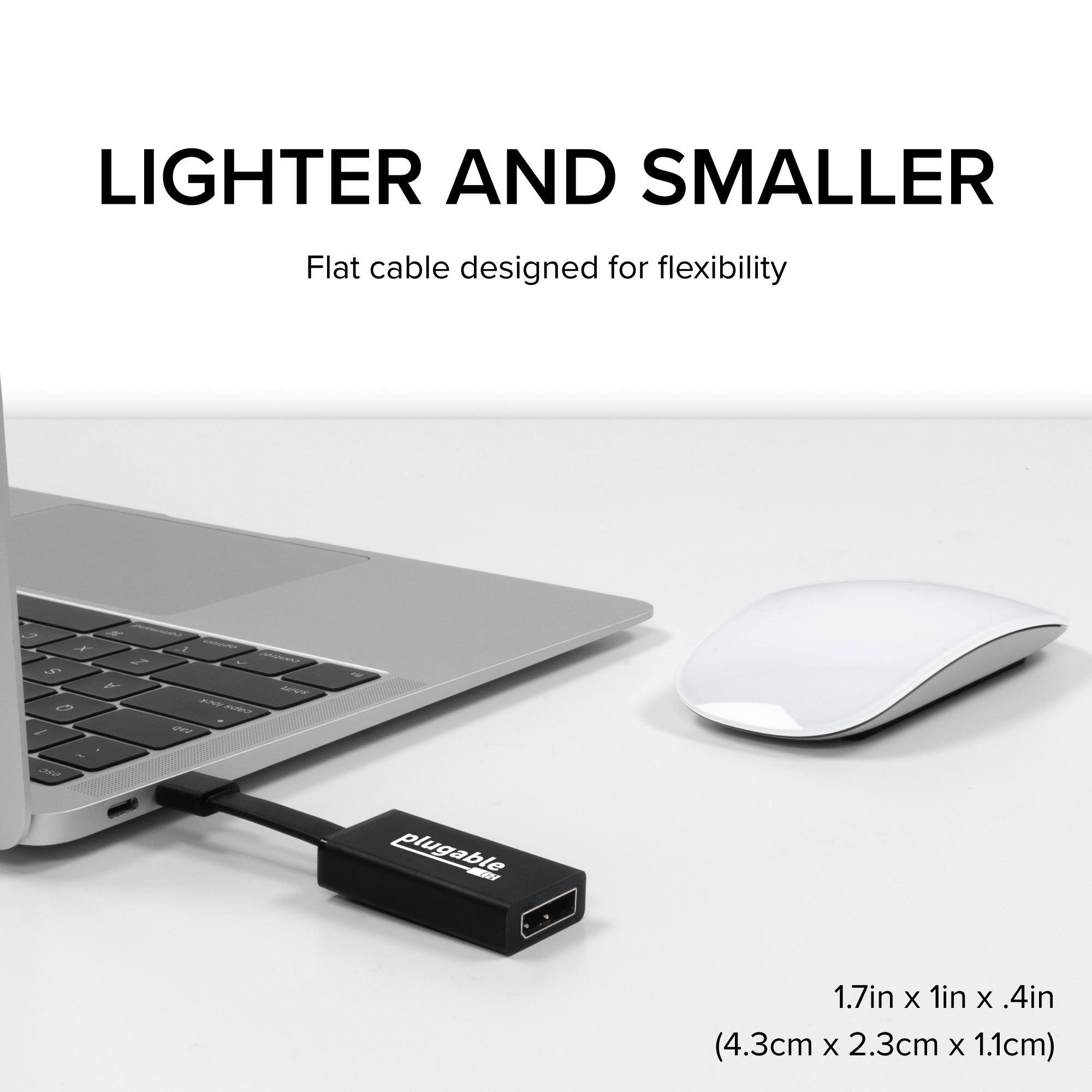 LIGHTER AND SMALLER Flat cable designed for flexibility 1.7in X 1in X .4in (4.3cm x 2.3cm X 1.1cm)
