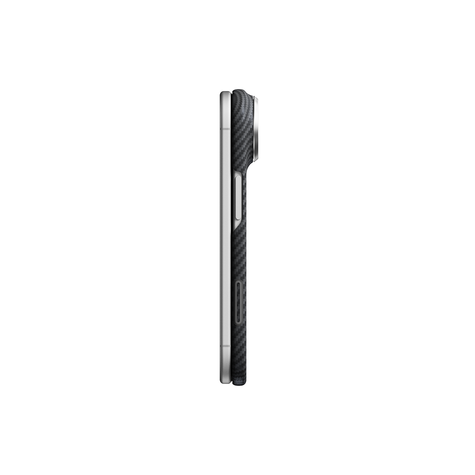 Left. Pitaka - Ultra Slim Case for iPhone Duo,Aramid Fiber Case, MagSafe Compatible, Caseless Feel, Camera Control, Silky Texture - Black Grey (Twill).