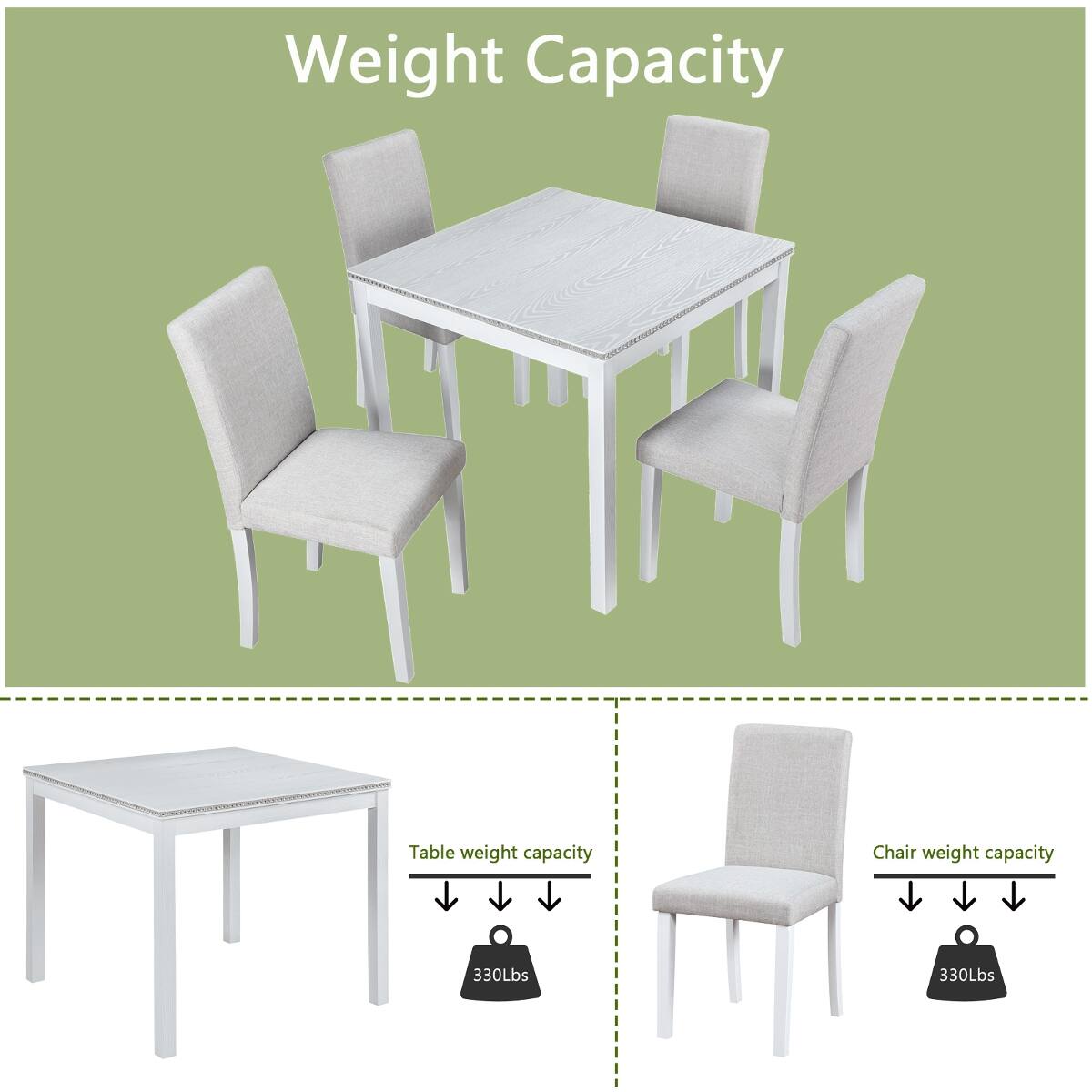 Weight Capacity

Table weight capacity
330Lbs

Chair weight capacity
330Lbs