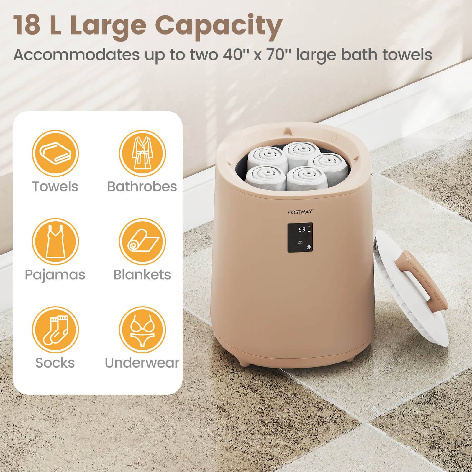 18 L Large Capacity  
Accommodates up to two 40" x 70" large bath towels  

- Towels  
- Bathrobes  
- Pajamas  
- Blankets  
- Socks  
- Underwear