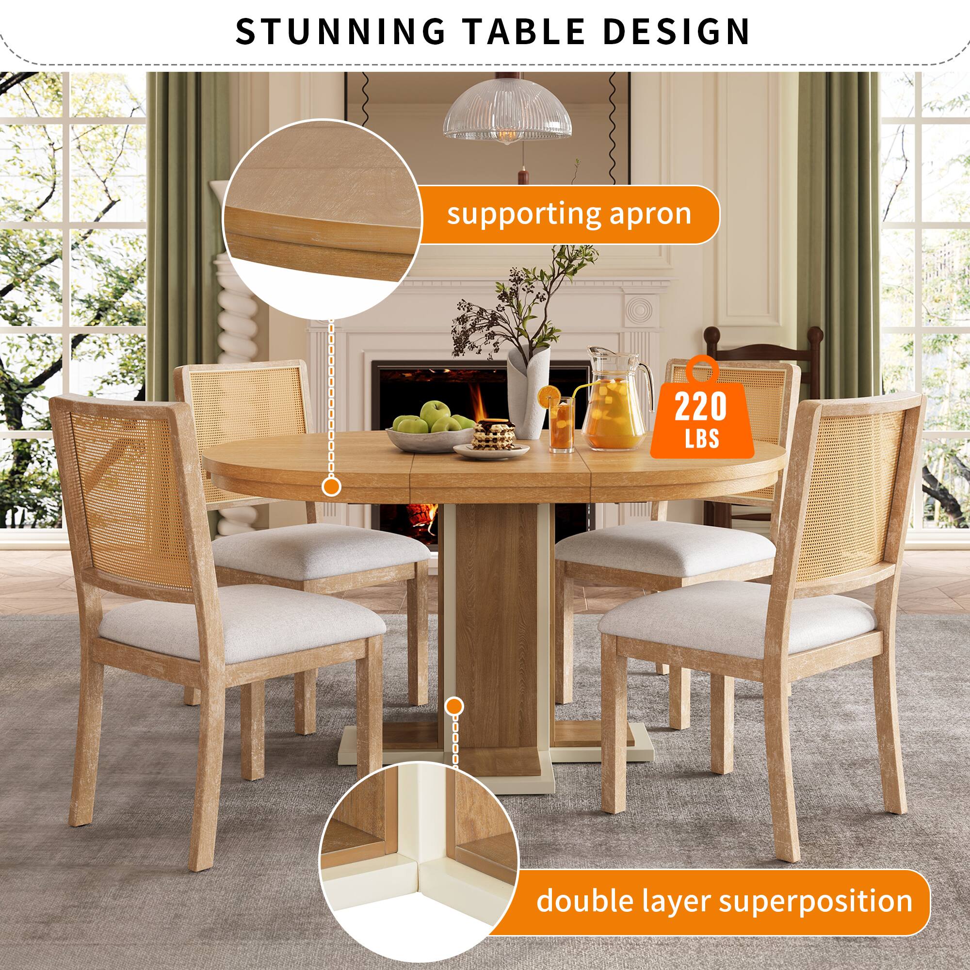 STUNNING TABLE DESIGN

- supporting apron
- 220 LBS
- double layer superposition