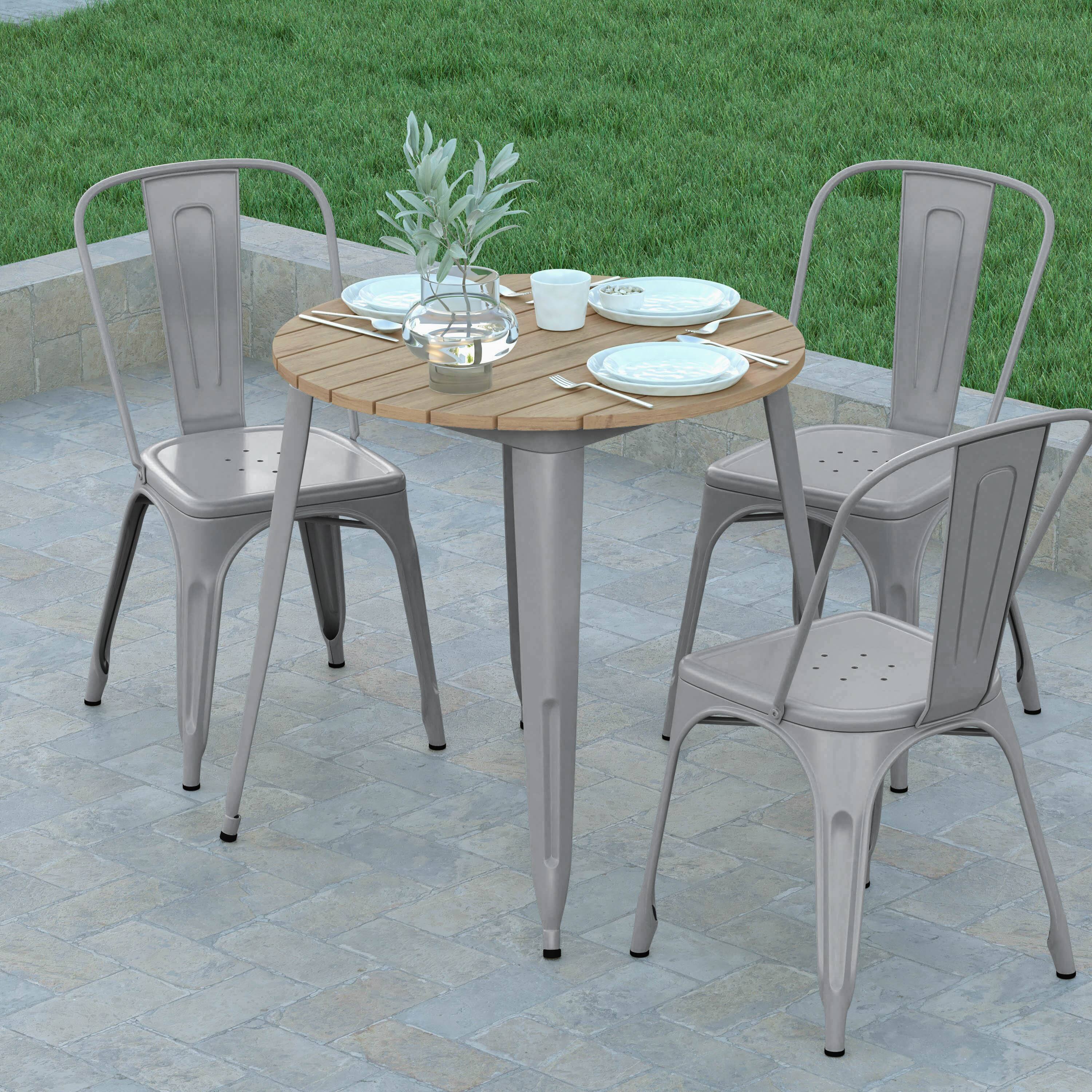 Alt View 3. Emma + Oliver - Drew Indoor/Outdoor Dining Table, 30" Round All Weather Poly Resin Top with Steel Base - Brown Top/Silver Frame.