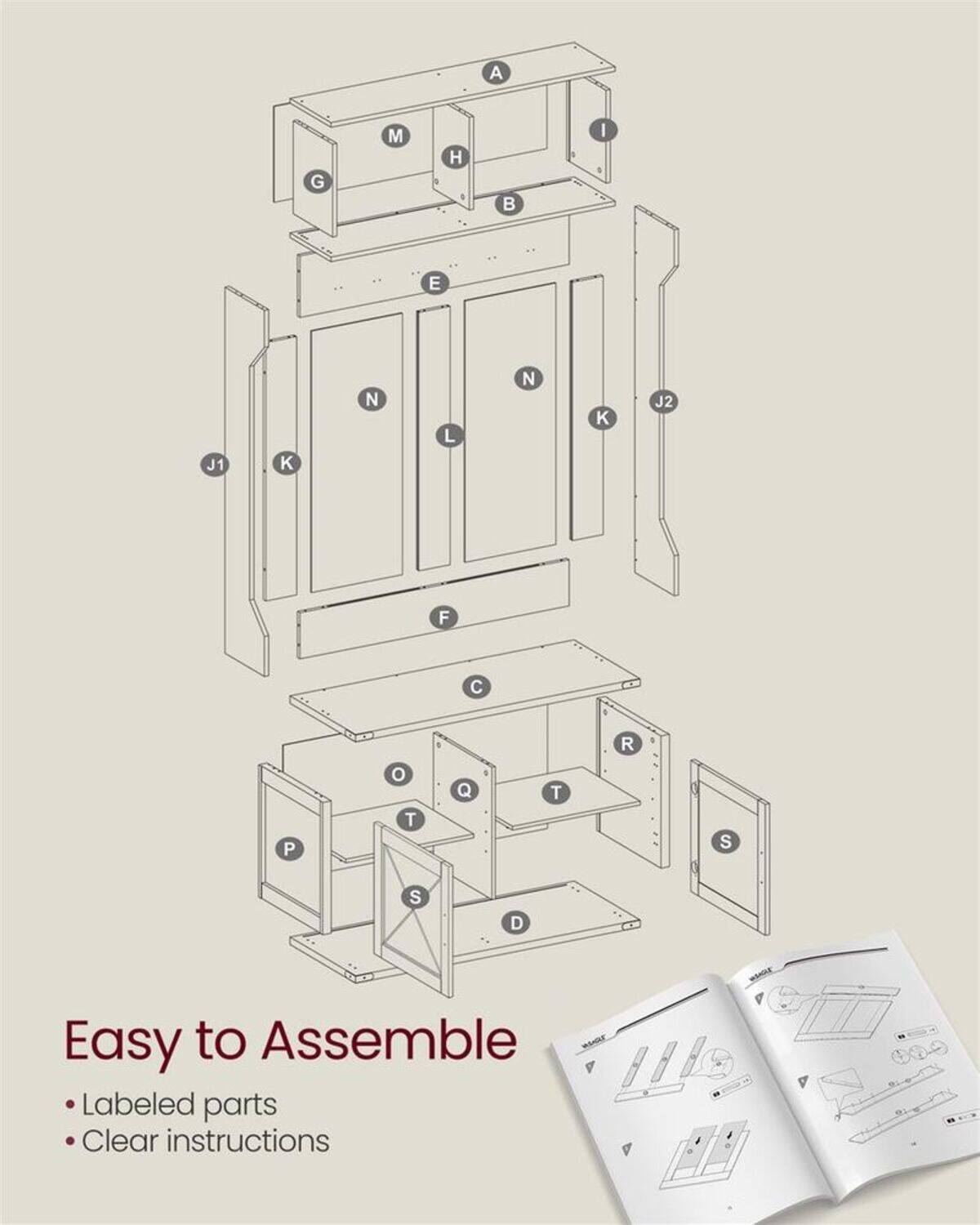 A G M H I 1 E J1 K N L N K J2 F 1 R P o T Q T S S D

Easy to Assemble
- Labeled parts
- Clear instructions