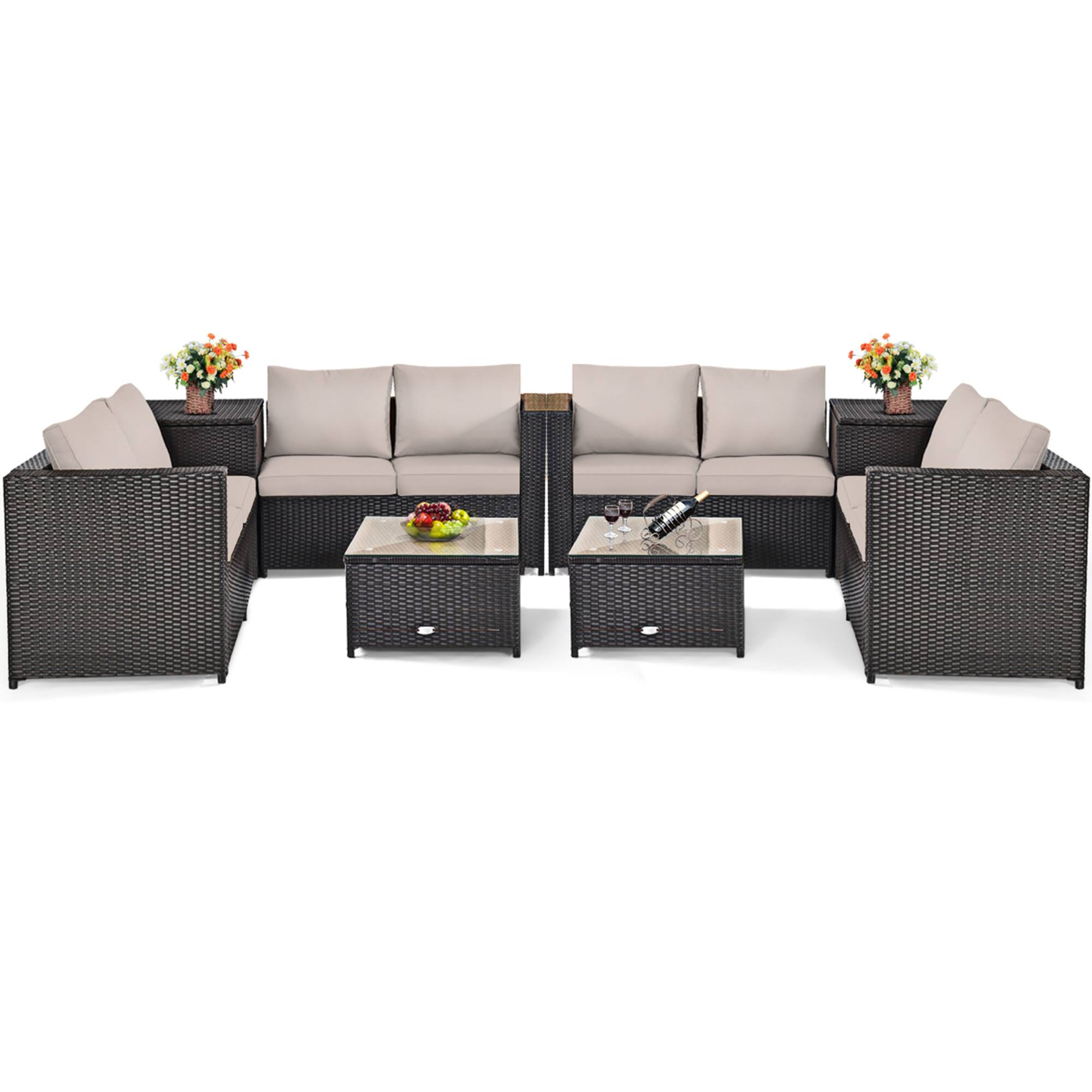 Alt View 1. Gymax - Gymax 8PCS Cushioned Rattan Patio Conversation Set w/ Coffee Table Side Table - Brown.