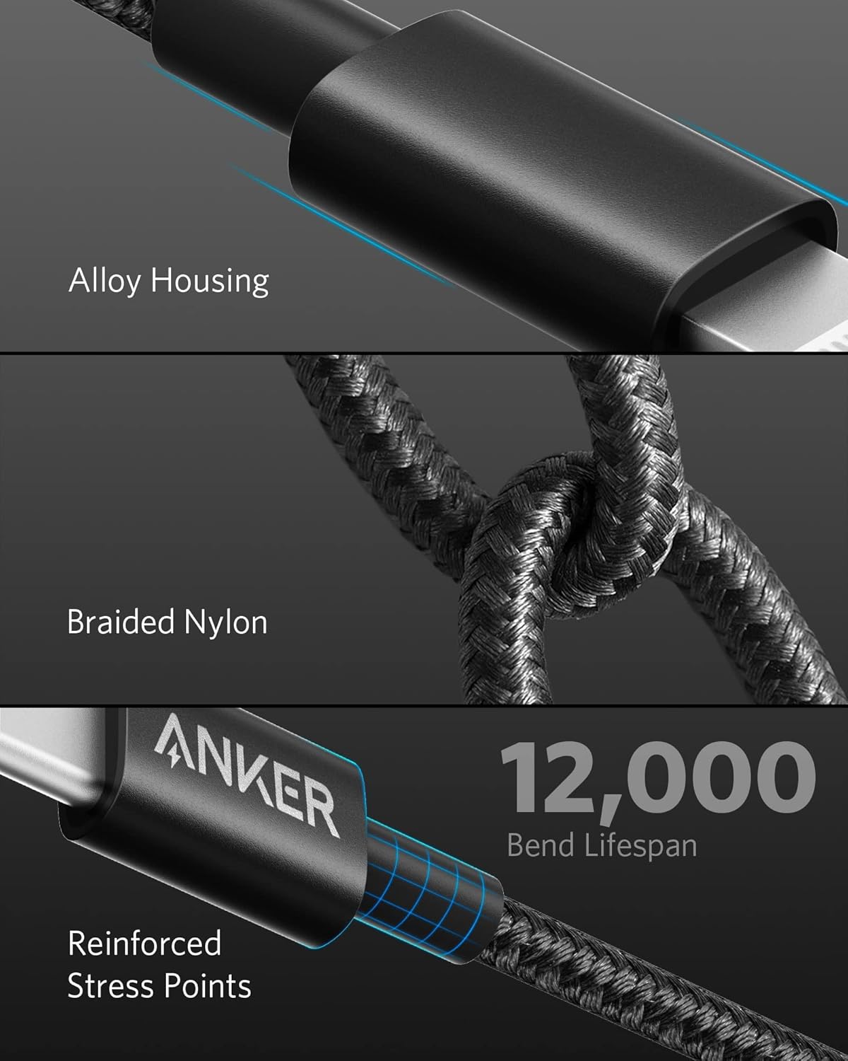 - Alloy Housing
- Braided Nylon
- 12,000 Bend Lifespan
- Reinforced Stress Points