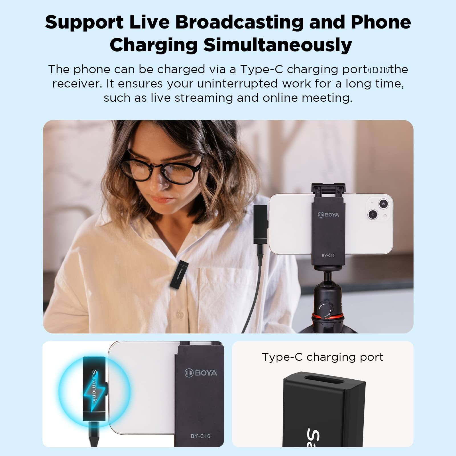 Support Live Broadcasting and Phone Charging Simultaneously

The phone can be charged via a Type-C charging port on the receiver. It ensures your uninterrupted work for a long time, such as live streaming and online meeting.

Type-C charging port
